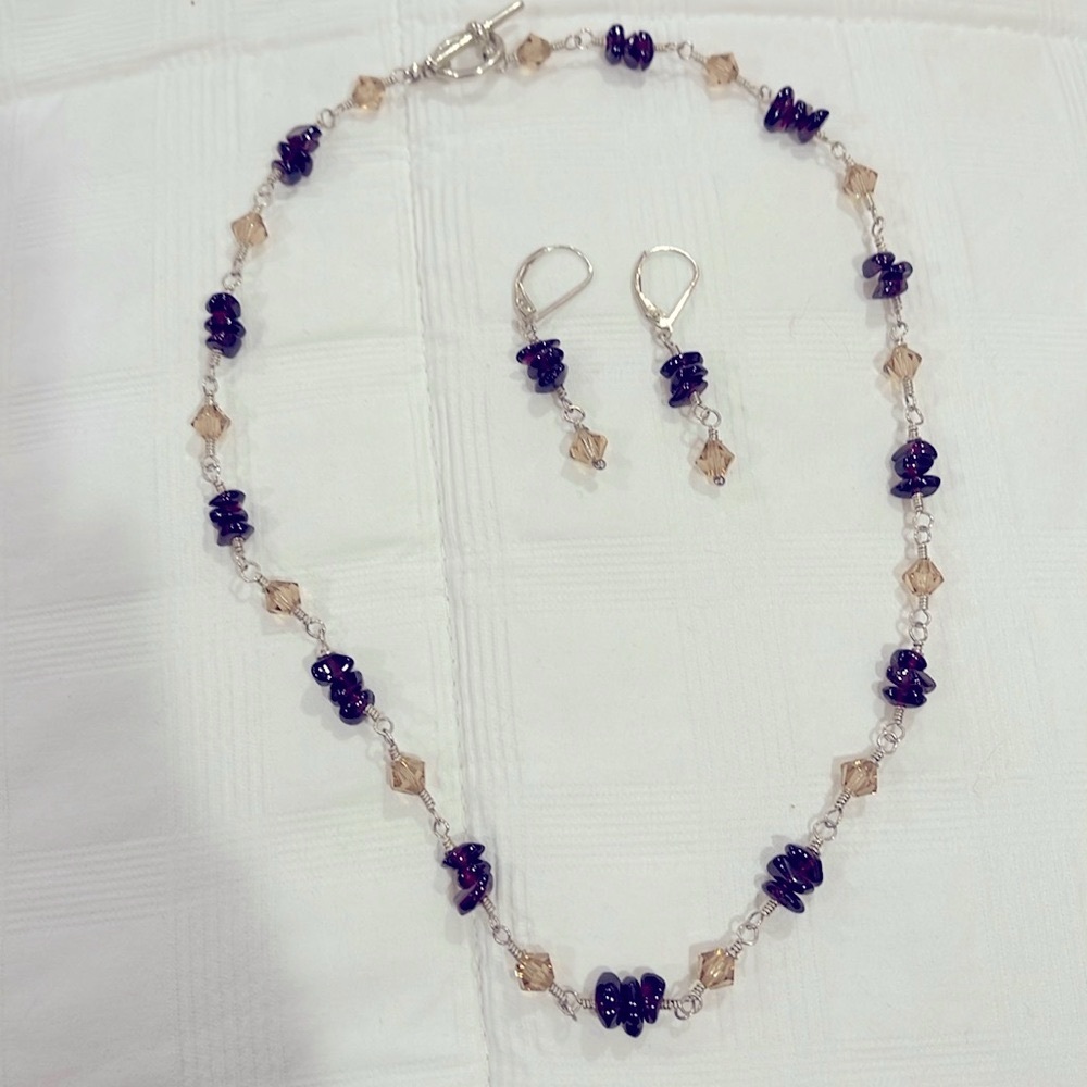 Sterling Silver, Garnet and Swarovski Necklace & Earrings